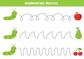tracer des lignes avec une chenille de dessin animé et des fruits. pratique de l'écriture. vecteur