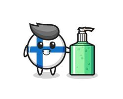 dessin animé mignon d'insigne de drapeau de la finlande avec un désinfectant pour les mains vecteur
