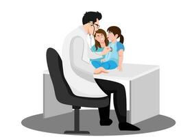 médecin examine une malade fille. enfant et mère à le pédiatre bureau. vecteur illustration