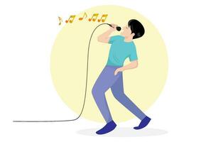 homme en chantant en utilisant une microphone il regards heureux. vecteur illustration