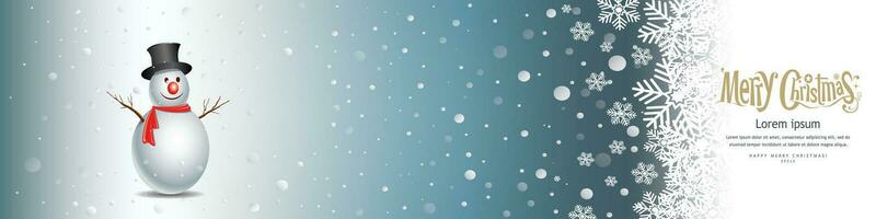 Noël bannière avec décoré bonhomme de neige et flocons de neige sur une bleu Contexte. bonhomme de neige portant une chapeau. joyeux Noël texte. pour Nouveau année et hiver vacances cartes, en-têtes, cadeau certificats vecteur