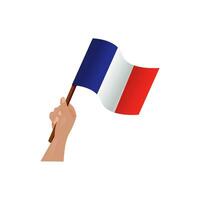 drapeau de le français république dans le vent sur mât de drapeau, vecteur illustration isolé sur blanc Contexte. main en portant agitant drapeau de France