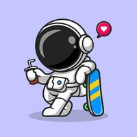 mignonne astronaute avec planche à roulette et un soda dessin animé vecteur icône illustration. sport science icône concept isolé prime vecteur. plat dessin animé style
