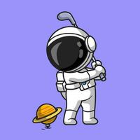mignonne astronaute en jouant le golf planète dessin animé vecteur icône illustration. sport science icône concept isolé prime vecteur. plat dessin animé style