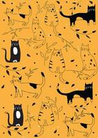 chat plat dessiné à la main Icônes répéter décoration avec Orange Contexte. mignonne animal de compagnie animal vecteur illustration.