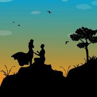 vecteur illustration de silhouette de une couple sur une colline à crépuscule