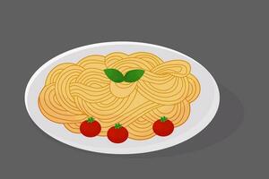 spaghetti avec tomate et basilic sur une plaque. vecteur illustration. spaghetti journée.