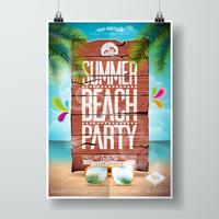 Vector Summer Beach Party Flyer Design avec des éléments typographiques sur fond de texture bois.