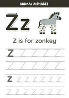 tracé alphabet des lettres pour enfants. animal alphabet. z est pour clé de zone. vecteur