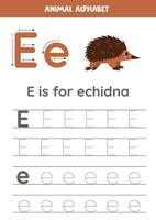 tracé alphabet des lettres pour enfants. animal alphabet. e est pour échidné. vecteur