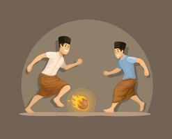 boule de feu football avec sarong indonésien traditionnel Jeu dessin animé illustration vecteur