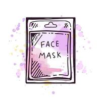 dessiné à la main visage masque dans une emballer, beauté cosmétique élément, soi se soucier. illustration sur une aquarelle pastel Contexte avec éclaboussures de peindre. utile pour beauté salon, cosmétique magasin. griffonnage esquisser. vecteur