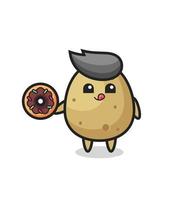illustration d'un personnage de pomme de terre mangeant un beignet vecteur
