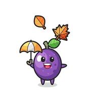 dessin animé du fruit de la passion mignon tenant un parapluie en automne vecteur