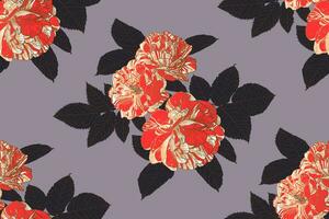 floral répéter modèle de des roses et feuilles dans foncé gris, blanc et rouge couleurs avec bronze contour sur héliotrope gris. fond d'écran conception pour textile, papier, imprimer, mode, arrière-plan, beauté produit vecteur