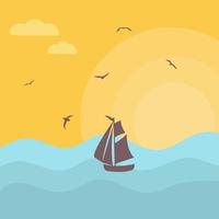coucher de soleil sur la mer avec la silhouette du bateau vecteur