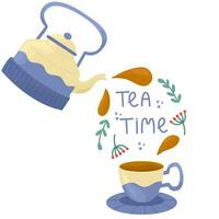 violet bouilloire et tasse avec thé, feuilles et floral. thé temps vecteur