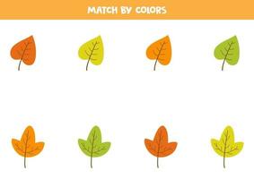 jeu de correspondance des couleurs pour les enfants d'âge préscolaire. faites correspondre les feuilles d'automne par couleurs. vecteur