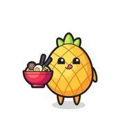 personnage mignon d'ananas mangeant des nouilles vecteur