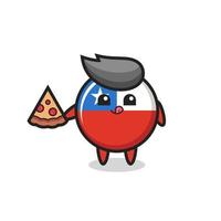 dessin animé mignon d'insigne de drapeau du chili mangeant de la pizza vecteur