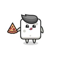 dessin animé mignon de cube de sucre mangeant de la pizza vecteur