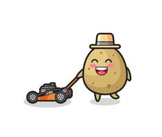 illustration du personnage de pomme de terre à l'aide d'une tondeuse à gazon vecteur