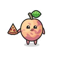 dessin animé mignon de fruits de pluot mangeant de la pizza vecteur