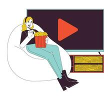 Accueil cinéma pop corn ligne dessin animé plat illustration. caucasien fille sur pouf chaise en mangeant pop corn 2d lineart personnage isolé sur blanc Contexte. en train de regarder film courant scène vecteur Couleur image