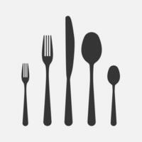 coutellerie noir icône. couteau, cuillère, fourchette, dessert fourchette et cuillère à café. vecteur