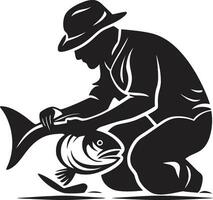 pêcheur logo avec rivière Contexte une symbole de couler et changement pêcheur logo avec Montagne Contexte une symbole de force et détermination vecteur