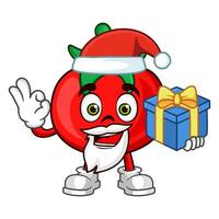 tomate fruit Père Noël dessin animé personnage en portant une cadeau vecteur