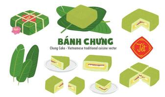 chung gâteau vecteur ensemble. ensemble, moitié et trimestre de chung gâteau. vietnamien cuisine. vietnamien traditionnel Nouveau an. carré gluant riz farci dans vert feuilles. banh chung. content tet vacances. tet aliments.