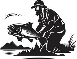 pêcheur logo avec poisson Succès et abondance pêcheur logo avec net travail en équipe et camaraderie vecteur