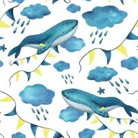 turquoise baleine dans le des nuages avec une guirlande de drapeaux parmi le des nuages avec gouttes de pluie. aquarelle illustration main tiré dans une Facile puéril style. sans couture modèle sur une blanc Contexte. vecteur