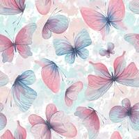 papillons sont rose, bleu, lilas, en volant, délicat avec ailes et éclaboussures de peindre. main tiré aquarelle illustration. sans couture modèle sur une blanc arrière-plan, pour conception. vecteur