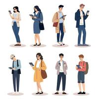 collection de content Hommes et femmes sont en utilisant les smartphones ou comprimés pour fonctionnement, communication, Envoi en cours messages, bavardage, navigation le l'Internet, et en utilisant social la mise en réseau. vecteur illustration.