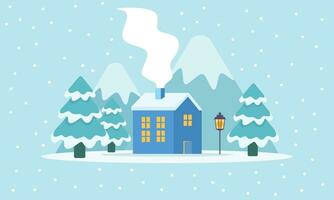 mignonne hiver paysage. hiver bannière. charmant Maisons dans une neigeux vallée. horizontal paysage. hiver cabine illustration vecteur