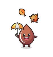 dessin animé de la mignonne goutte de chocolat tenant un parapluie en automne vecteur