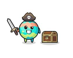 le personnage de pirate de bombes de bain tenant une épée à côté d'un coffre au trésor vecteur