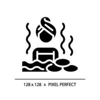 2d pixel parfait silhouette glyphe style chaud l'eau une baignoire icône, isolé vecteur, méditation illustration, solide pictogramme. vecteur