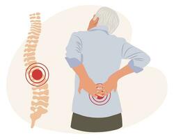 une homme avec douleur dans le cervical et lombaire vertèbres. retour douleur, muscle douleur, l'arthrose, rhumatoïde arthrite. médicament. illustration, vecteur