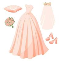 mariage ensemble pour le mariée, mariage robe, collier, talon haut chaussures, floral de mariée bouquet, voile avec fleurs. conception éléments, vecteur