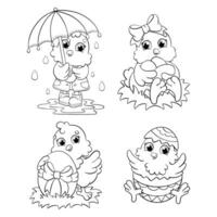 ensemble de mignonne Pâques poulets. coloration livre page pour enfants. marrant des oiseaux. dessin animé style personnage. vecteur illustration isolé sur blanc Contexte.