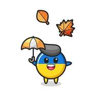 dessin animé de l'insigne du drapeau ukrainien mignon tenant un parapluie en automne vecteur