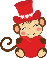 adorable singe avec Valentin chapeau en portant une rouge cœur vecteur