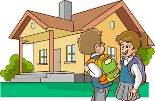 illustration de une école garçon et fille portant sacs à dos Aller Accueil vecteur