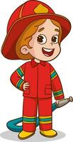 illustration de une peu sapeur pompier fille portant une Feu costume vecteur