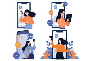 main tiré femelle personnage parlant avec téléphone intelligent dans en ligne la communication concept dans plat style vecteur