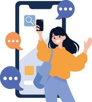 main tiré femelle personnage parlant avec téléphone intelligent dans en ligne la communication concept dans plat style vecteur