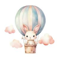 aquarelle lapin dans une chaud air ballon. mur autocollant avec main tiré lapin et air ballon. agrafe art image. vecteur